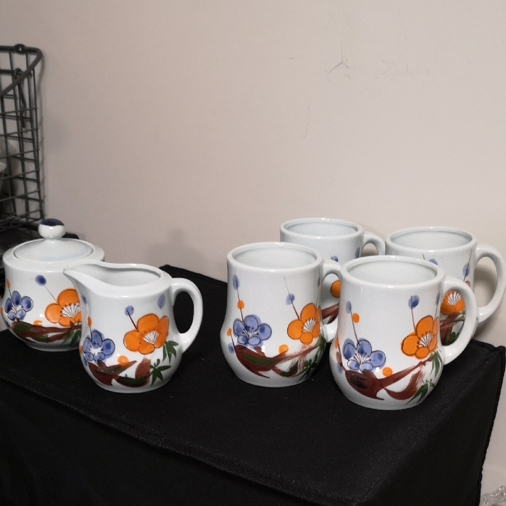 Vintage Ceramic Creamer, Sugar, 4 Mugs Hand-painted Orange & Blue Floral Pattern
